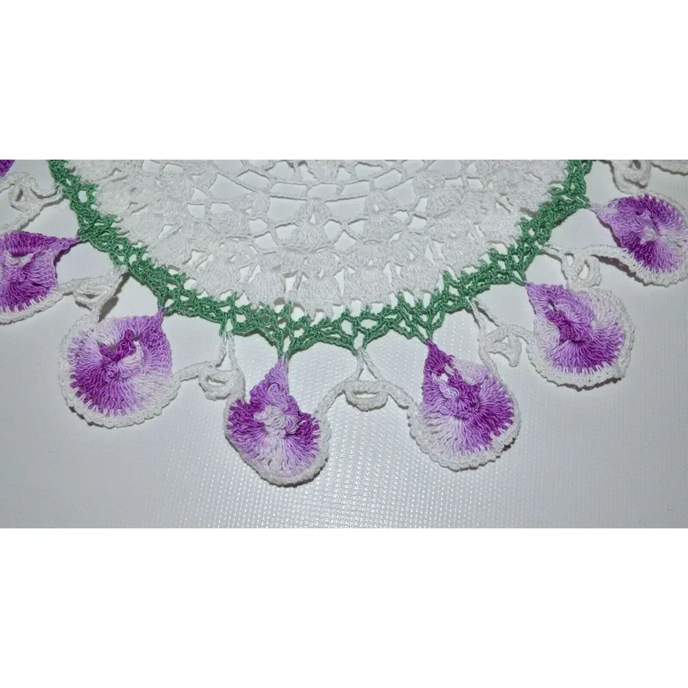 Vintage Round White & Purple Handmade Crochet Doily‎ 10.5
